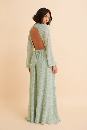 Green Flower Print Recyceltes Maxikleid mit offenem Rücken