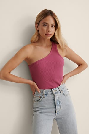 Dark Pink Einseitig schulterfreies Bio-Ripp-Oberteil