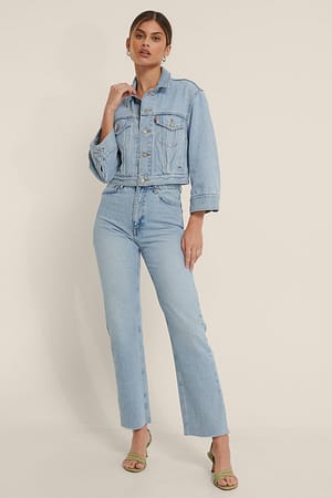 Light Blue Straight High Waist Raw Hem Jeans