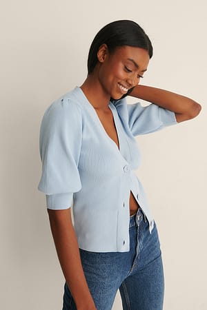 Dusty Light blue Puff Shoulder Knitted Cardigan