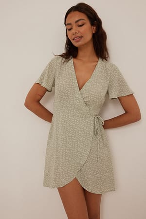 Green Flower Print Overlap Mini Dress