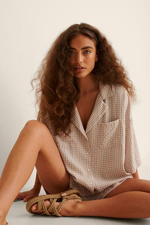 Beige Check Chemise d'intérieur oversize à manches courtes