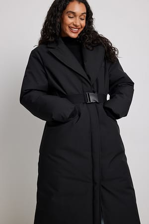 Black Gewatteerde lange blazer met riem