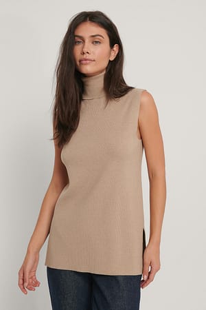 Beige Polo Neck Side Slit Vest