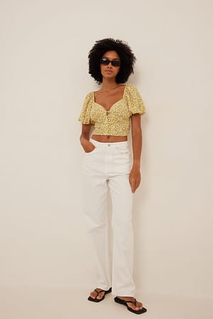 Yellow Flower Printed Button Viscose Top