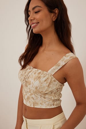 Beige Flower Lace Printed Crop Top