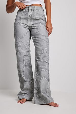 Print Denim med tryck, hög midja och vida ben