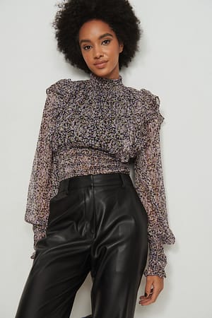 Pink/Blue Pattern Printed Smock Waist Blouse