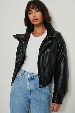 Black Gepolsterte PU-Bomberjacke