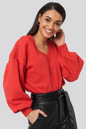 Red Puff Sleeve V-neck Sweatshirt