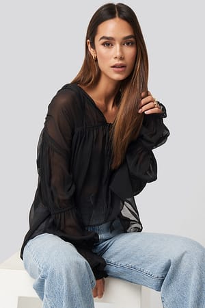 Puffy Sleeve Draped Chiffon Blouse