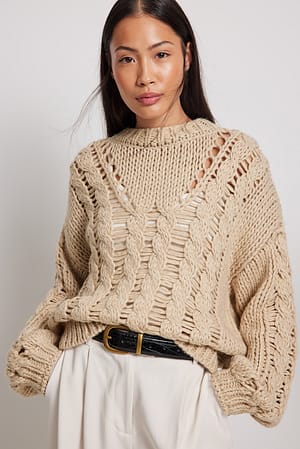 Beige Gestrickter Polo-Pullover