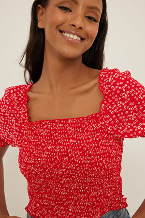 Red White Floral Recyceltes recyceltes Smock-Crop-Top