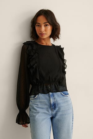 Black Blusa dobby de volantes múltiples reciclada