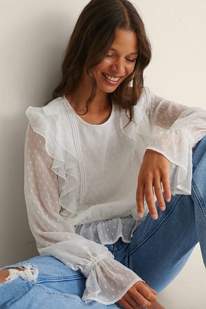 White Blusa dobby de volantes múltiples reciclada