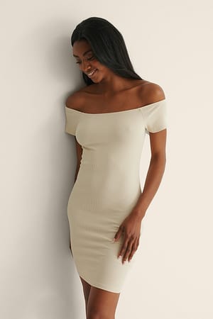 Beige Recycled Off Shoulder Ribbed Dress