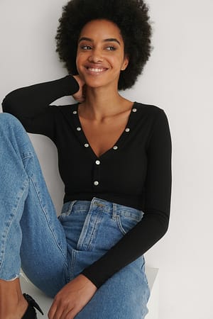Black Recycled Press Button Rib Top