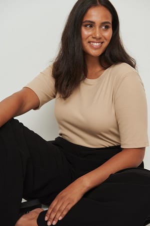 Light Beige Recycled Round Neck Ribbed Top