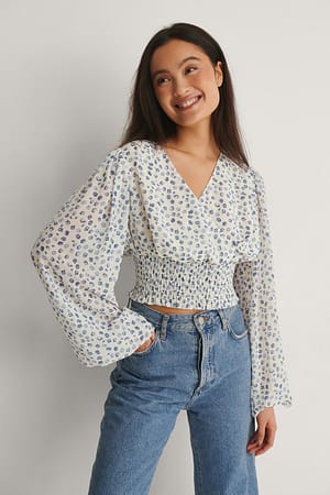 Blue Flower Recycelte weite Bluse mit Kitteltaille