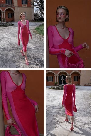 Red/Pink Midikjole med fargeblokk
