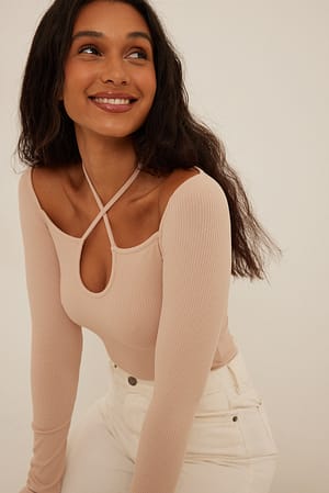 Beige Rib Halterneck Long Sleeve Top