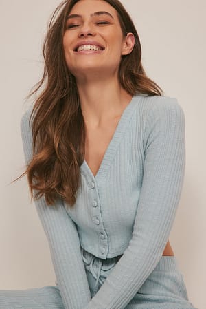 Light Blue Cardigan court en maille côtelée
