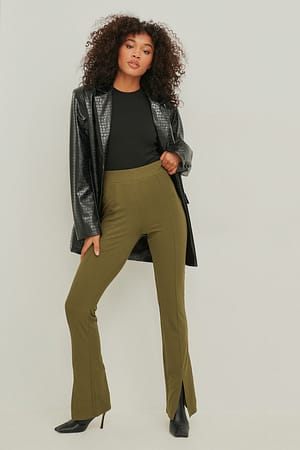 Khaki Ribbade byxor med slitsdetalj fram