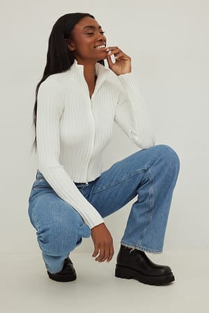 Offwhite Ribbed High Neck Zipped Knitted Sweater