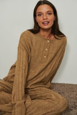 Beige Melange Ripp-Strickpullover mit Knopfdetail