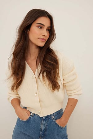 White Ribbed Knitted Pearl Button Cardigan