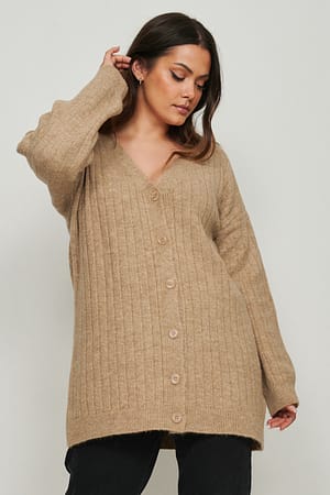 Beige Melange Rib gebreide lange vest met V-hals