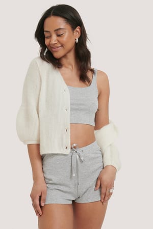 Grey Melange Gerippte Lounge Cropped Shorts