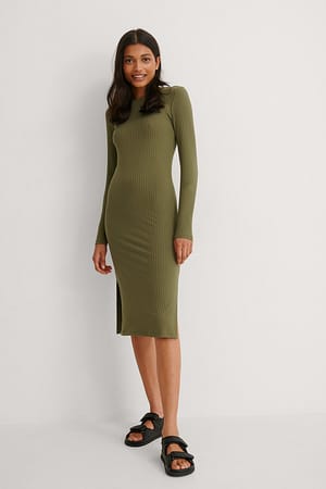 Khaki Ribbed Slit Dress