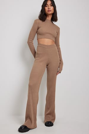 Dark Beige Byxor med ribbat midjeband