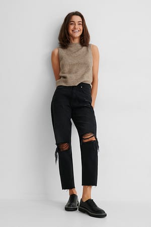 Black Økologiske højtaljede jeans med huller på knæ