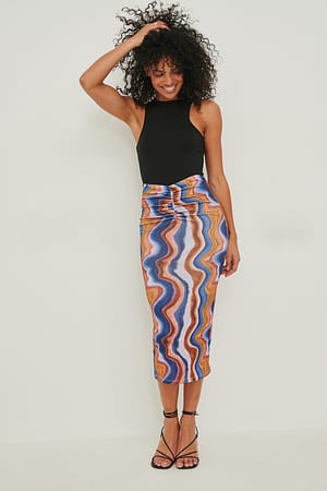 Swirl Print Rouched Detail Midi Skirt