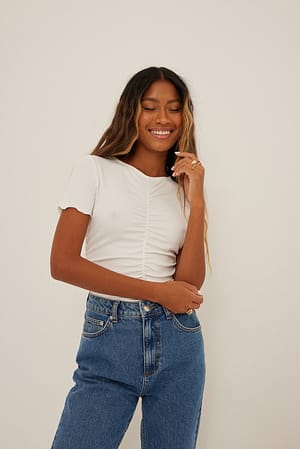 Offwhite Rouched Rib Short Sleeve Top