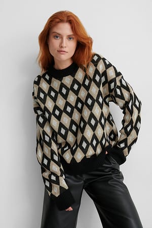 Checked Langer Pullover Mit Rundhalsausschnitt Gestrickt