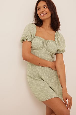 Green Flower Print Minikleid mit Zierfalten vorne