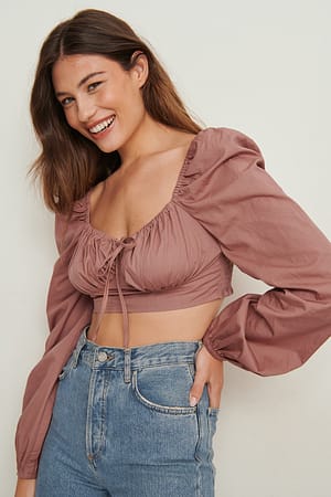 Dusty Dark Pink Genanvendt bluse i bomuld med lange ærmer og rynker