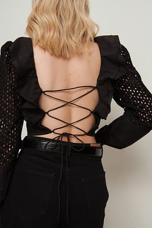 Black Anglaise Bluse Mer Ermer Og Rysjer
