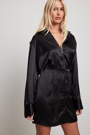 Black Satin Shirt Mini Dress