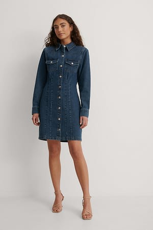 Mid Blue Gerecycleerde denim jurk met scherpe schouders