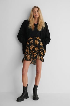 Orange Print Sheer Frill Mini Skirt