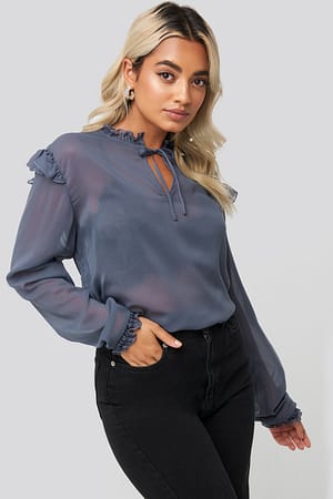Sheer High Neck Frill Blouse