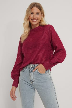 Burgundy Rynkad blommig blus med hög krage