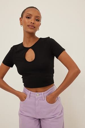 Black Short Sleeve Keyhole Top