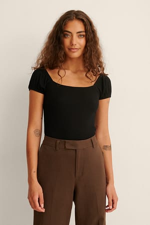 Black Short Sleeve Rib Top