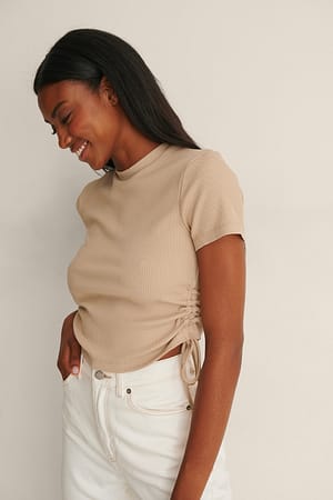 Beige Short Sleeved Drawstring Top
