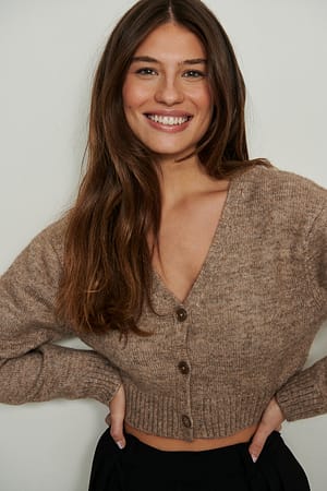 Brown melange Cardigan court boutonné en tricot à col en V
